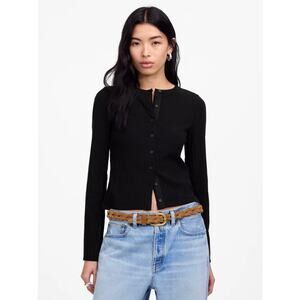 Madewell Flared-Sleeve Cardigan S Jet Black Button Up Crewneck Variegated Cotton